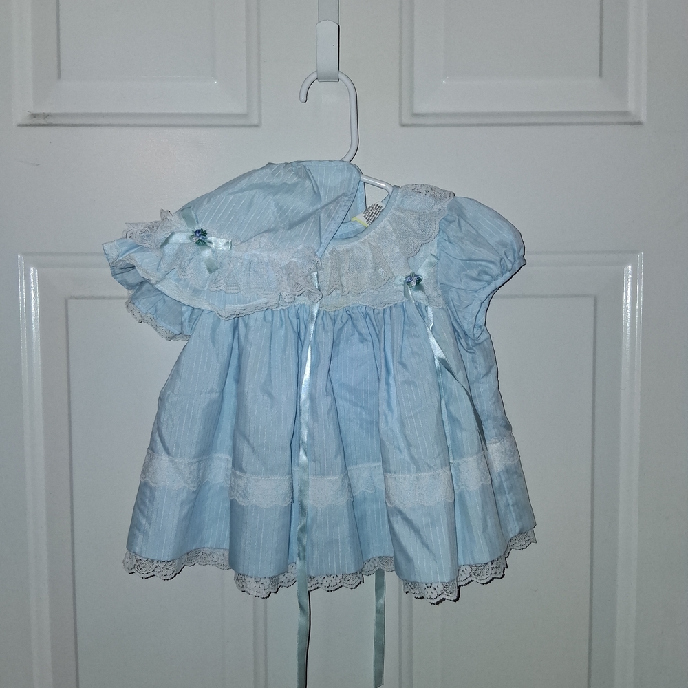 Vintage Blue Baby Dress with Lace Trim